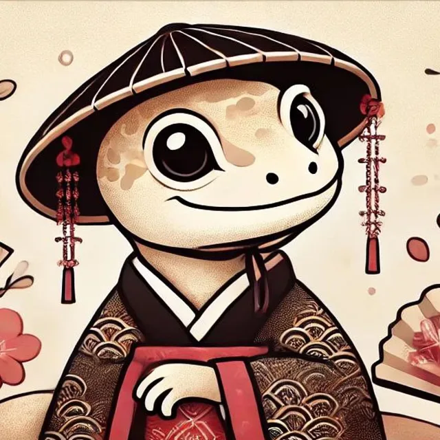 Gekosha the gecko in a straw hat and kimono